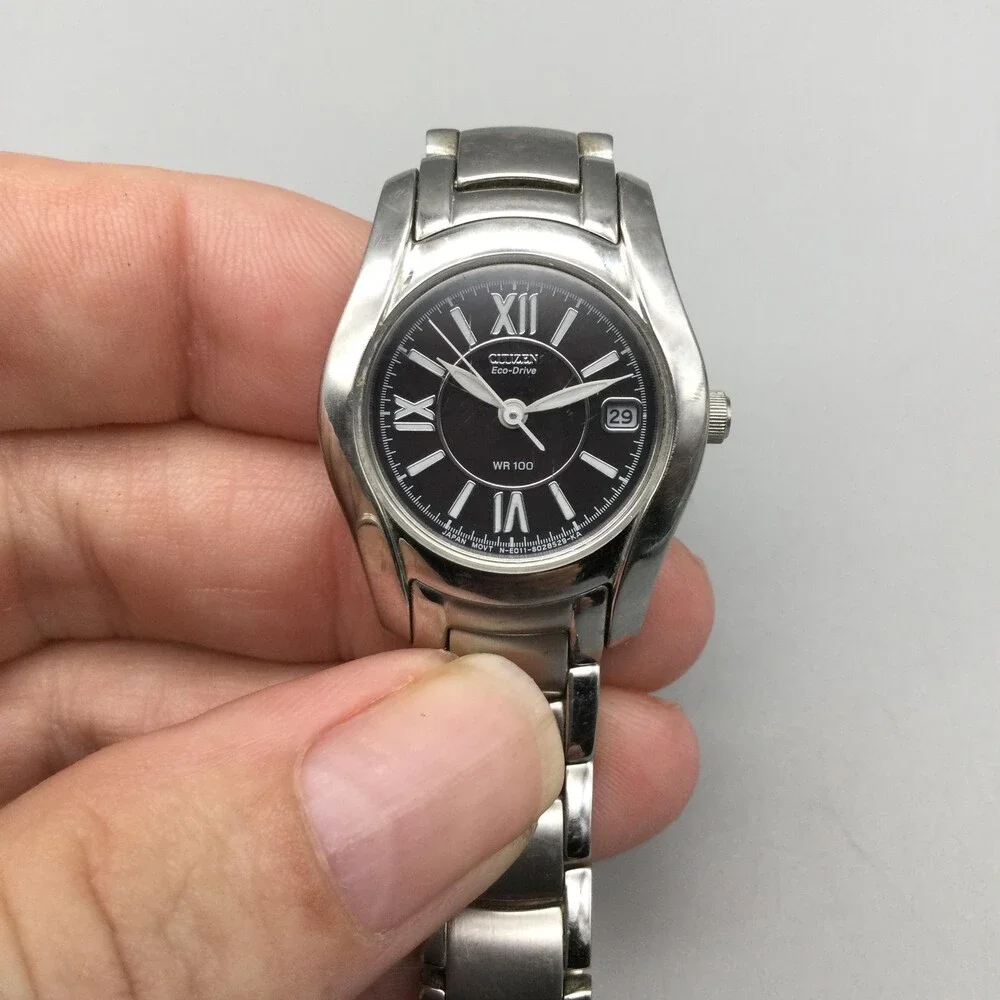 Citizen Eco-Drive WR 100 Womens Watch 25mm Black Dial Date Stainless Bracelet 6